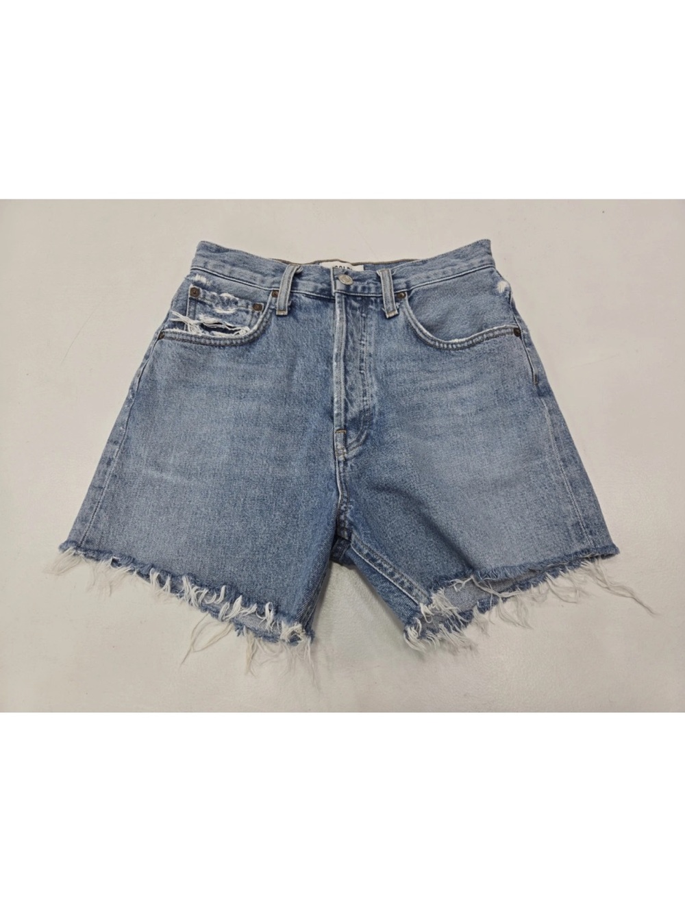 Agolde Riley High Rise Denim Short Snapshot Blue 25 Raw Hem Distressed Retro